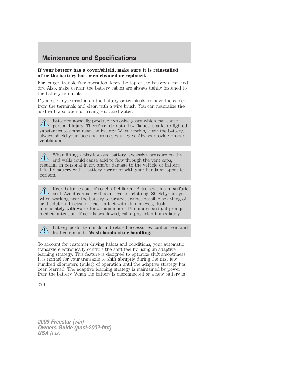 Maintenance and specifications | FORD 2006 Freestar v.1 User Manual | Page 278 / 320