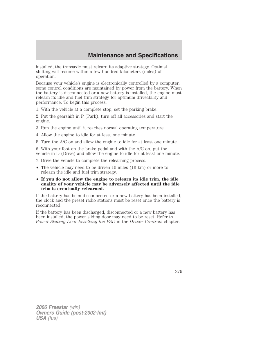 Maintenance and specifications | FORD 2006 Freestar v.1 User Manual | Page 279 / 320