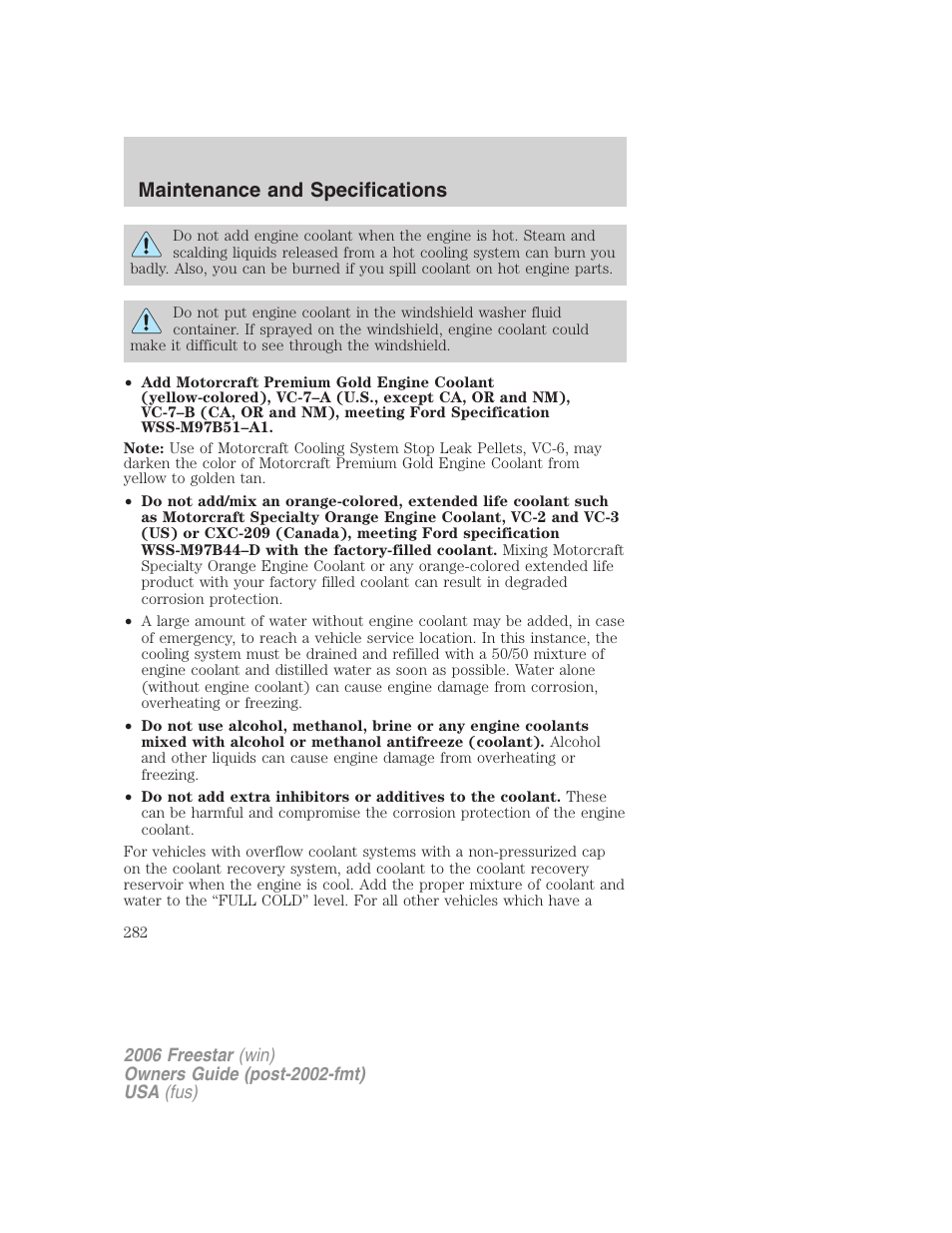 Maintenance and specifications | FORD 2006 Freestar v.1 User Manual | Page 282 / 320