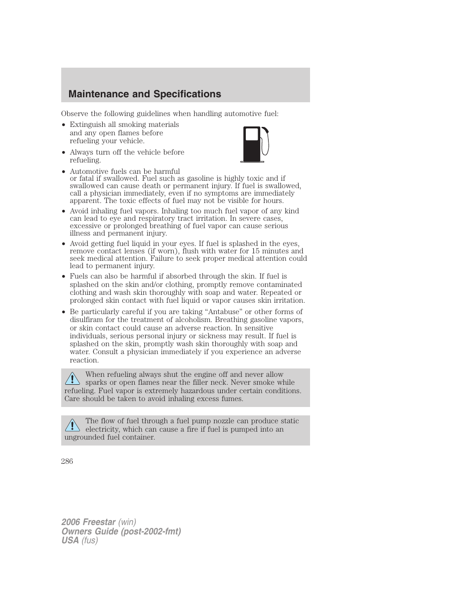 Maintenance and specifications | FORD 2006 Freestar v.1 User Manual | Page 286 / 320