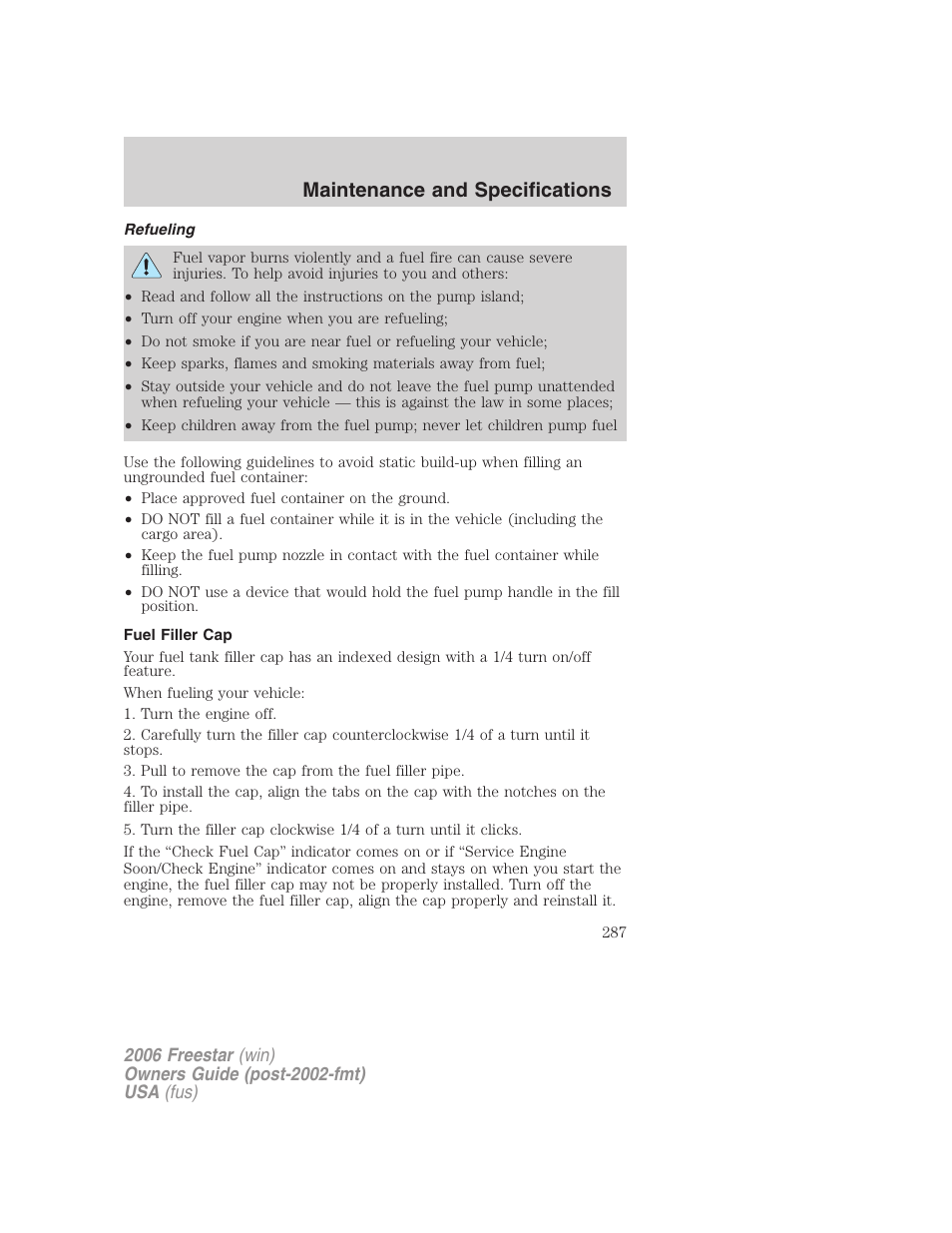Refueling, Fuel filler cap, Maintenance and specifications | FORD 2006 Freestar v.1 User Manual | Page 287 / 320