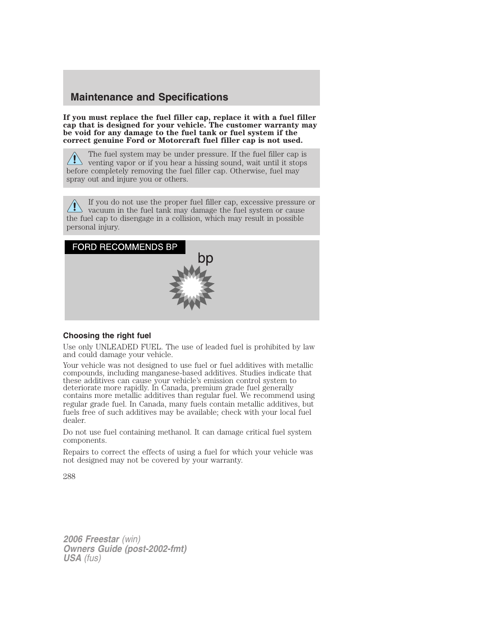 Choosing the right fuel, Maintenance and specifications | FORD 2006 Freestar v.1 User Manual | Page 288 / 320
