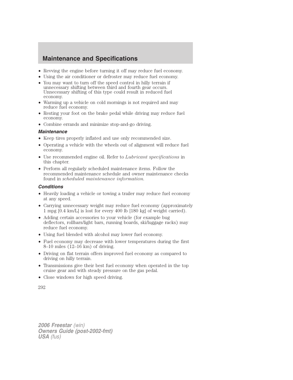 Maintenance, Conditions, Maintenance and specifications | FORD 2006 Freestar v.1 User Manual | Page 292 / 320