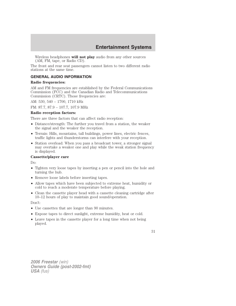 General audio information, Entertainment systems | FORD 2006 Freestar v.1 User Manual | Page 31 / 320