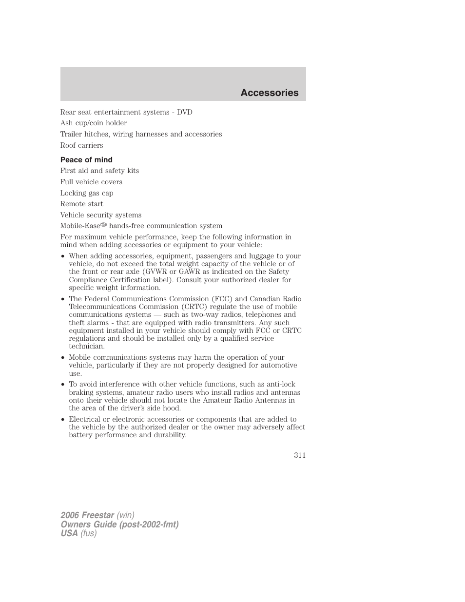 Peace of mind, Accessories | FORD 2006 Freestar v.1 User Manual | Page 311 / 320