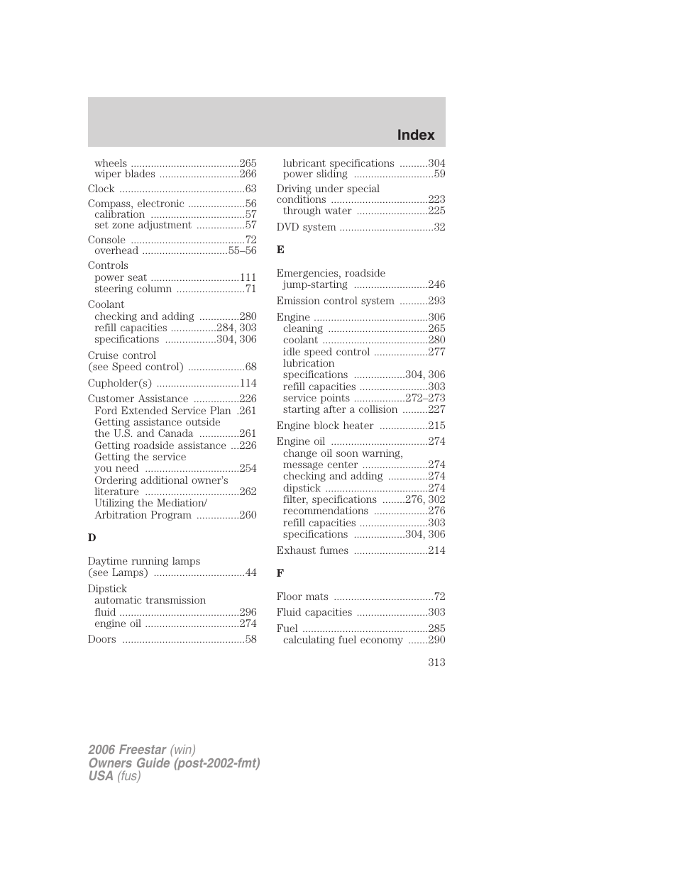 Index | FORD 2006 Freestar v.1 User Manual | Page 313 / 320
