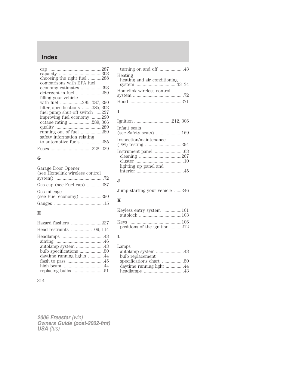 Index | FORD 2006 Freestar v.1 User Manual | Page 314 / 320