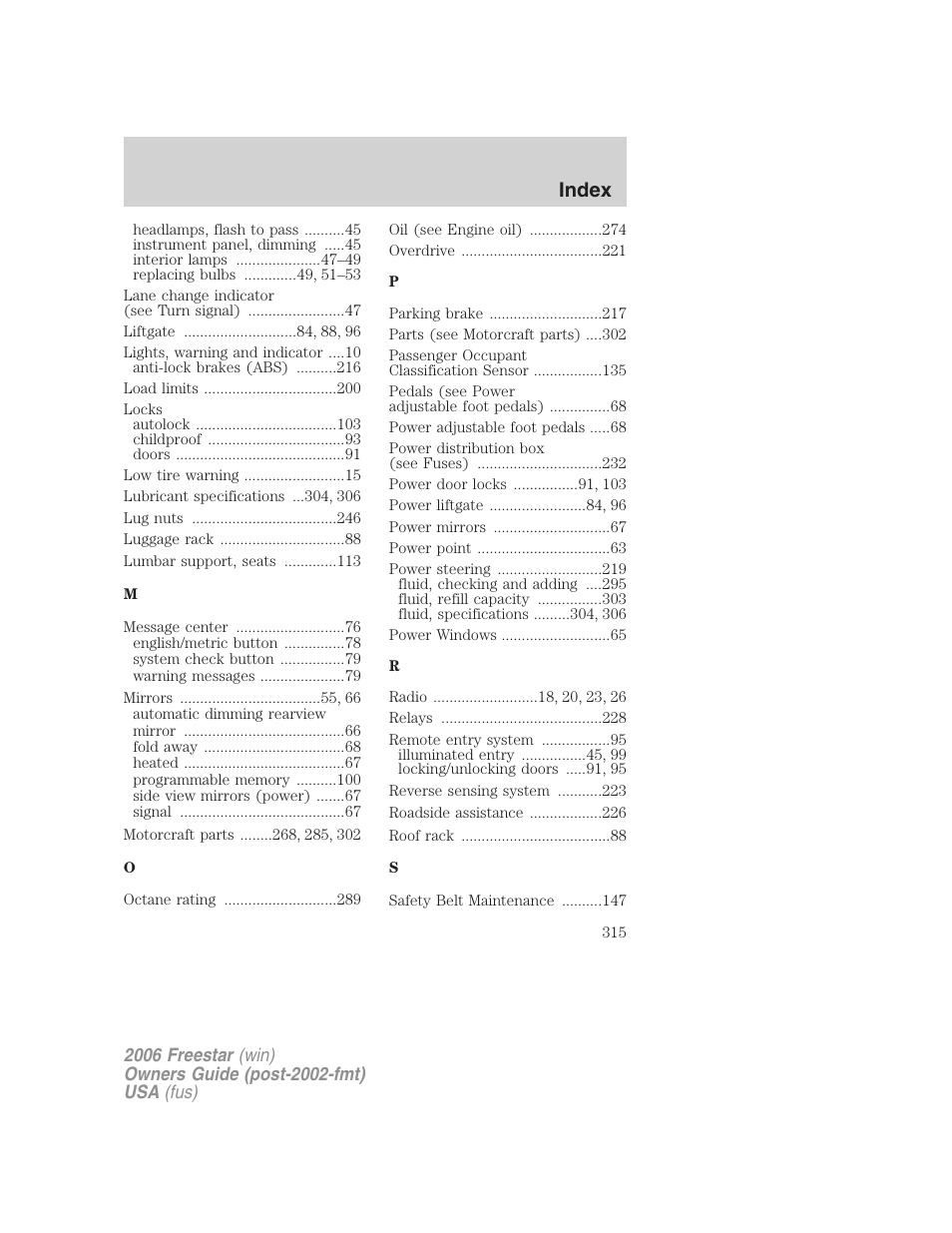 Index | FORD 2006 Freestar v.1 User Manual | Page 315 / 320
