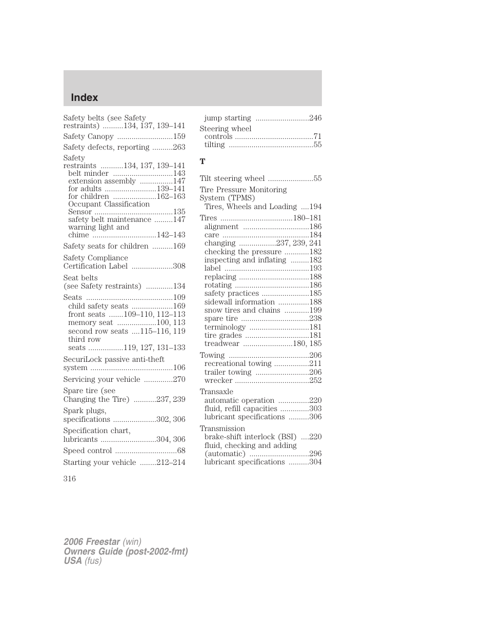 Index | FORD 2006 Freestar v.1 User Manual | Page 316 / 320