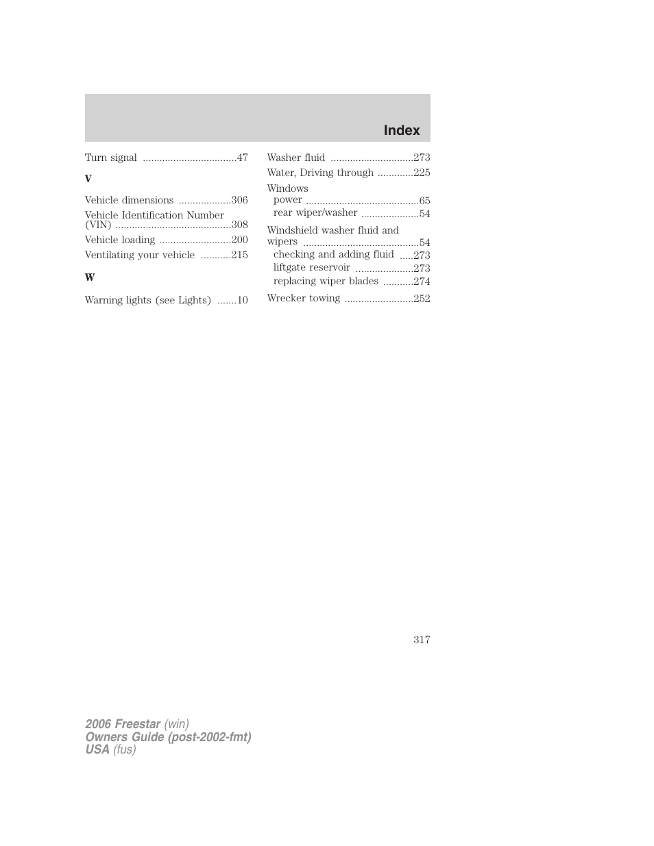 Index | FORD 2006 Freestar v.1 User Manual | Page 317 / 320