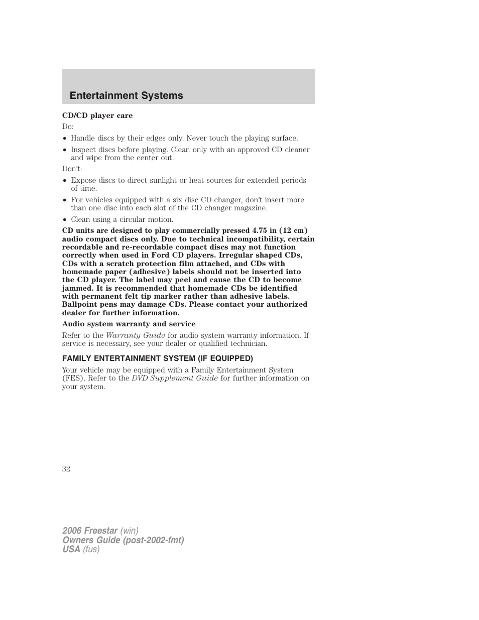 Family entertainment system (if equipped), Entertainment systems | FORD 2006 Freestar v.1 User Manual | Page 32 / 320
