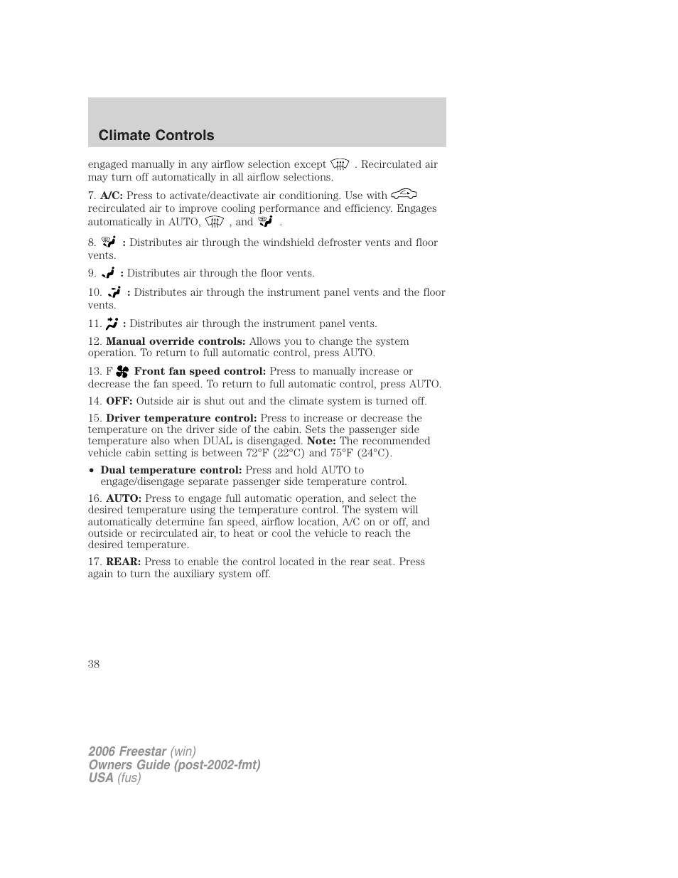 Climate controls | FORD 2006 Freestar v.1 User Manual | Page 38 / 320