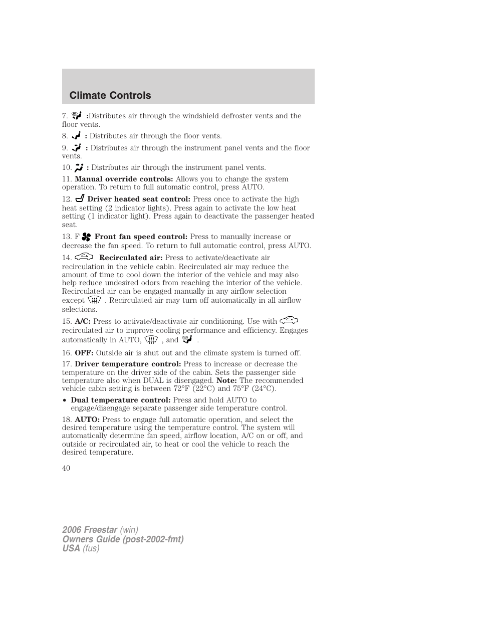 Climate controls | FORD 2006 Freestar v.1 User Manual | Page 40 / 320