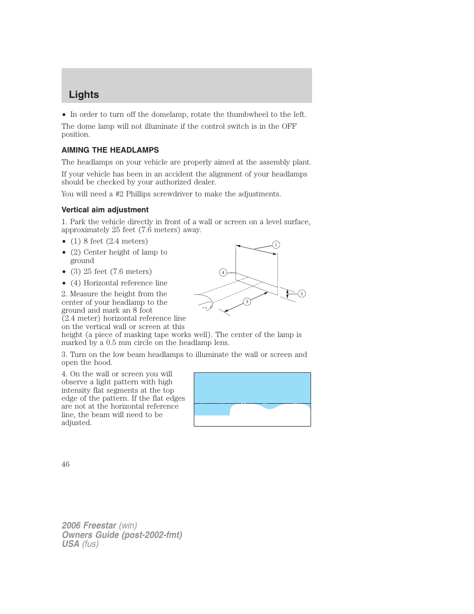 Aiming the headlamps, Vertical aim adjustment, Lights | FORD 2006 Freestar v.1 User Manual | Page 46 / 320