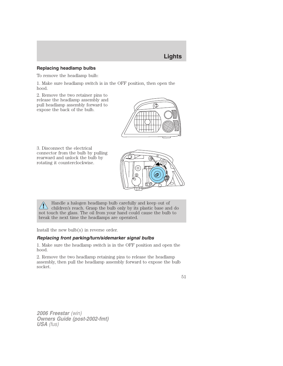 Replacing headlamp bulbs, Lights | FORD 2006 Freestar v.1 User Manual | Page 51 / 320