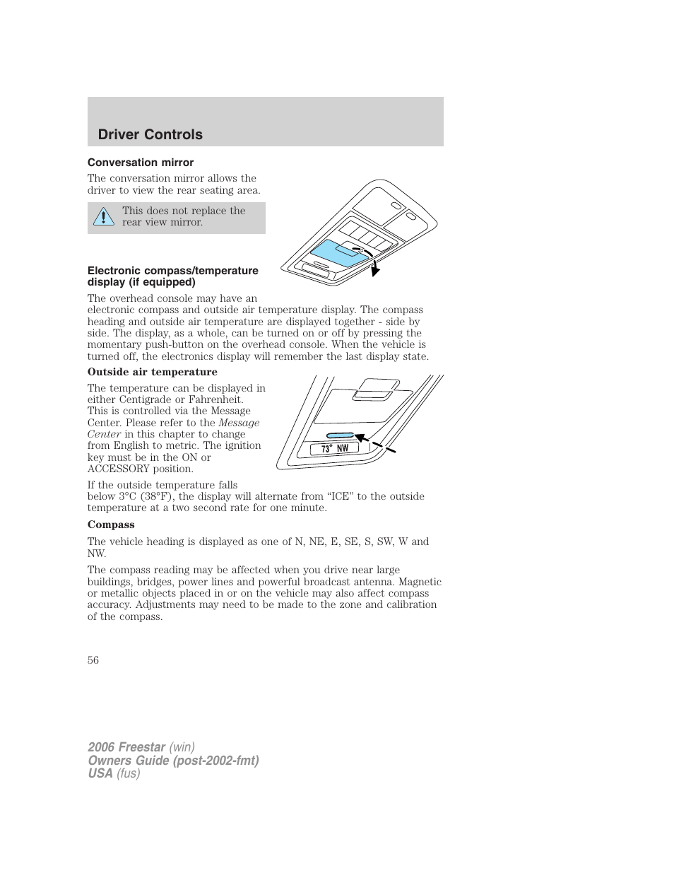 Conversation mirror, Driver controls | FORD 2006 Freestar v.1 User Manual | Page 56 / 320