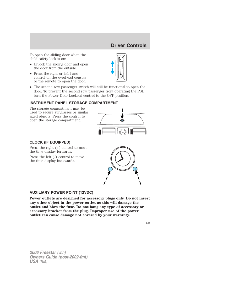 Instrument panel storage compartment, Clock (if equipped), Auxiliary power point (12vdc) | Driver controls | FORD 2006 Freestar v.1 User Manual | Page 63 / 320