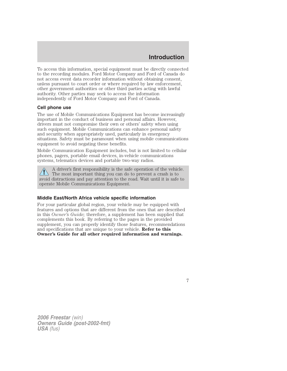 Cell phone use, Introduction | FORD 2006 Freestar v.1 User Manual | Page 7 / 320