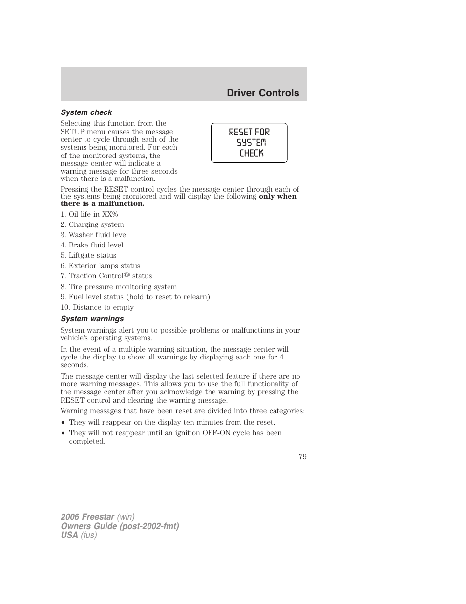 System check, System warnings, Driver controls | FORD 2006 Freestar v.1 User Manual | Page 79 / 320