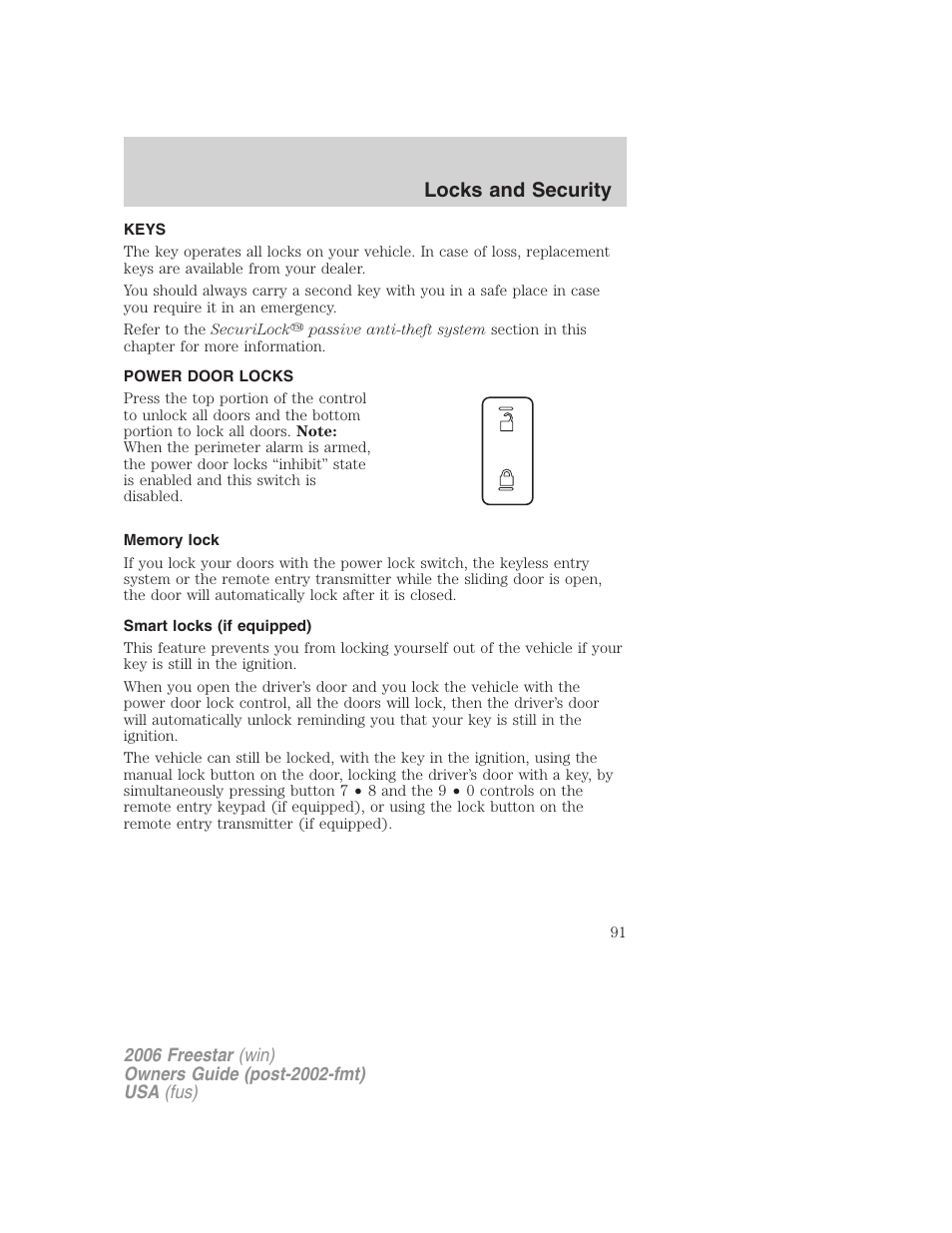 Locks and security, Keys, Power door locks | Memory lock, Smart locks (if equipped), Locks | FORD 2006 Freestar v.1 User Manual | Page 91 / 320