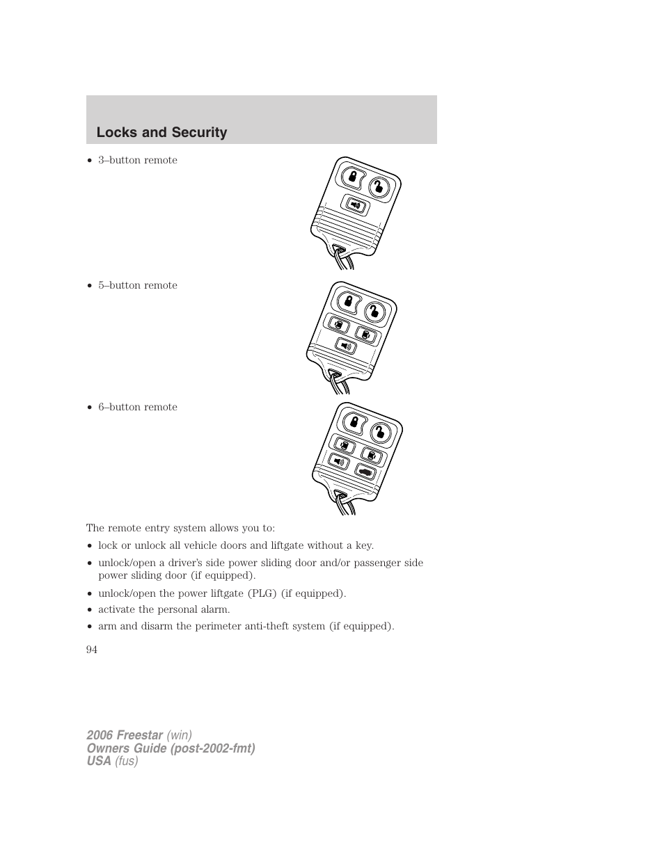Locks and security | FORD 2006 Freestar v.1 User Manual | Page 94 / 320