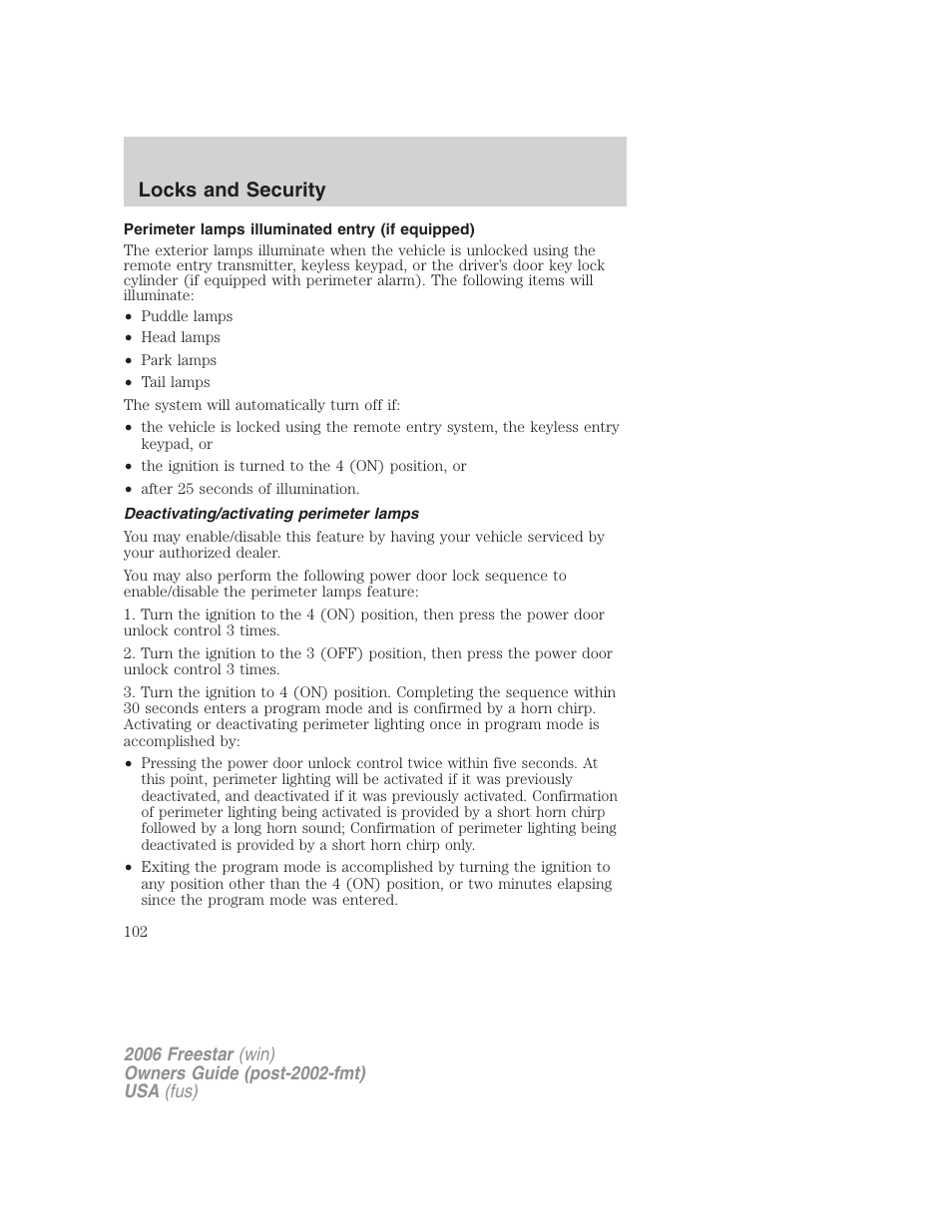 Perimeter lamps illuminated entry (if equipped), Deactivating/activating perimeter lamps, Locks and security | FORD 2006 Freestar v.2 User Manual | Page 102 / 328