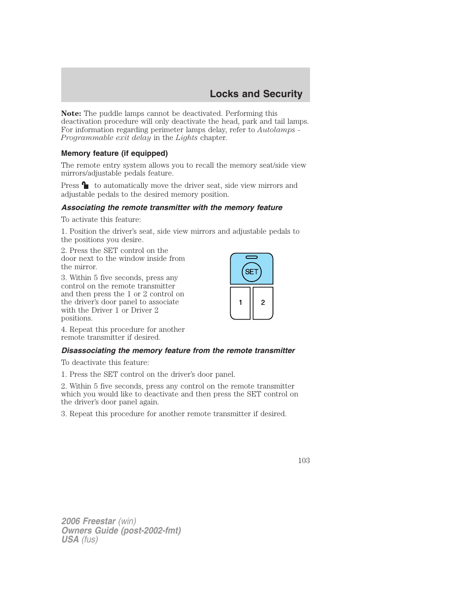 Memory feature (if equipped), Locks and security | FORD 2006 Freestar v.2 User Manual | Page 103 / 328