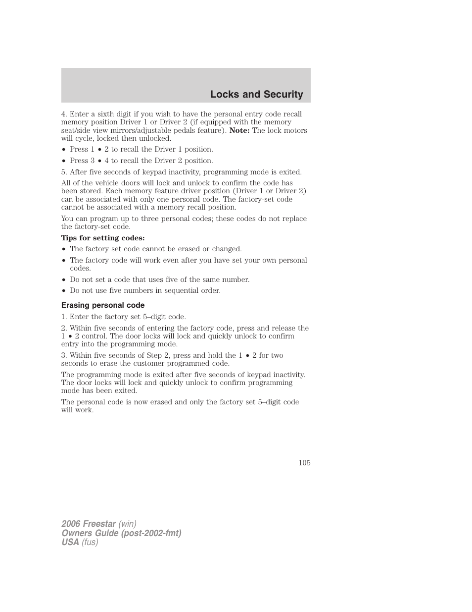 Erasing personal code, Locks and security | FORD 2006 Freestar v.2 User Manual | Page 105 / 328