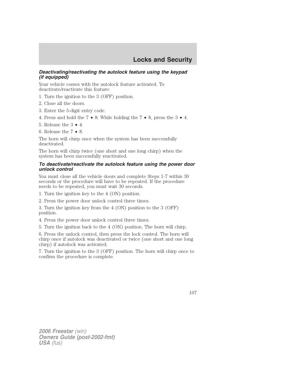 Locks and security | FORD 2006 Freestar v.2 User Manual | Page 107 / 328