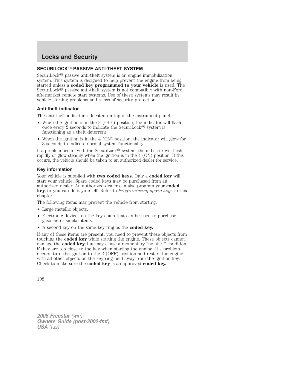 Securilock passive anti-theft system, Anti-theft indicator, Key information | Anti-theft system, Locks and security | FORD 2006 Freestar v.2 User Manual | Page 108 / 328