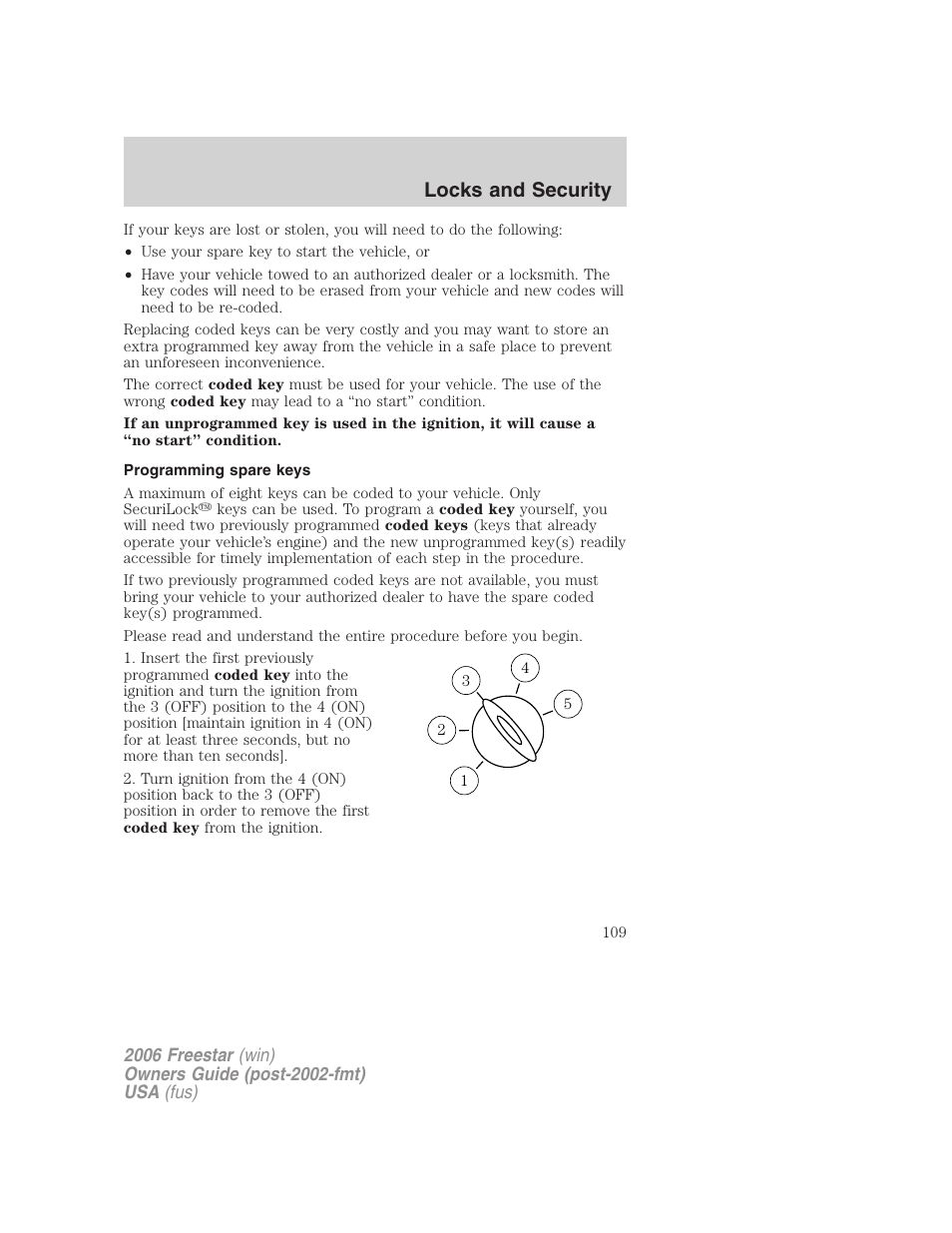 Programming spare keys, Locks and security | FORD 2006 Freestar v.2 User Manual | Page 109 / 328