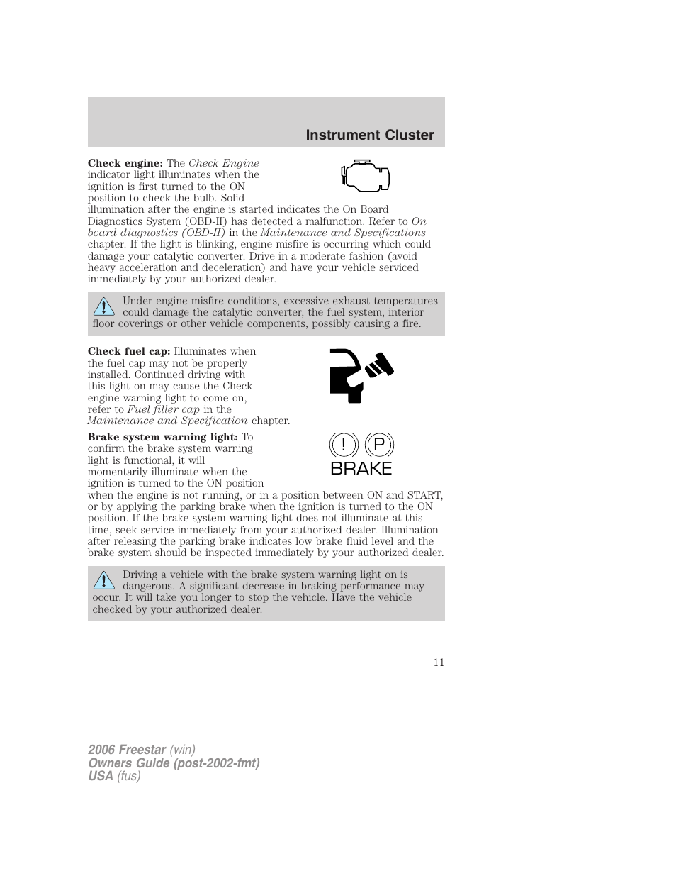 P! brake | FORD 2006 Freestar v.2 User Manual | Page 11 / 328