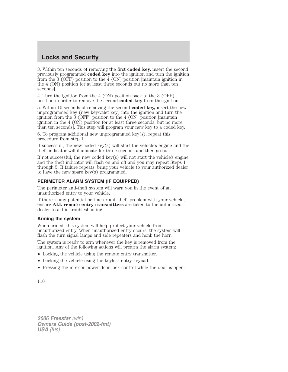 Perimeter alarm system (if equipped), Arming the system, Locks and security | FORD 2006 Freestar v.2 User Manual | Page 110 / 328