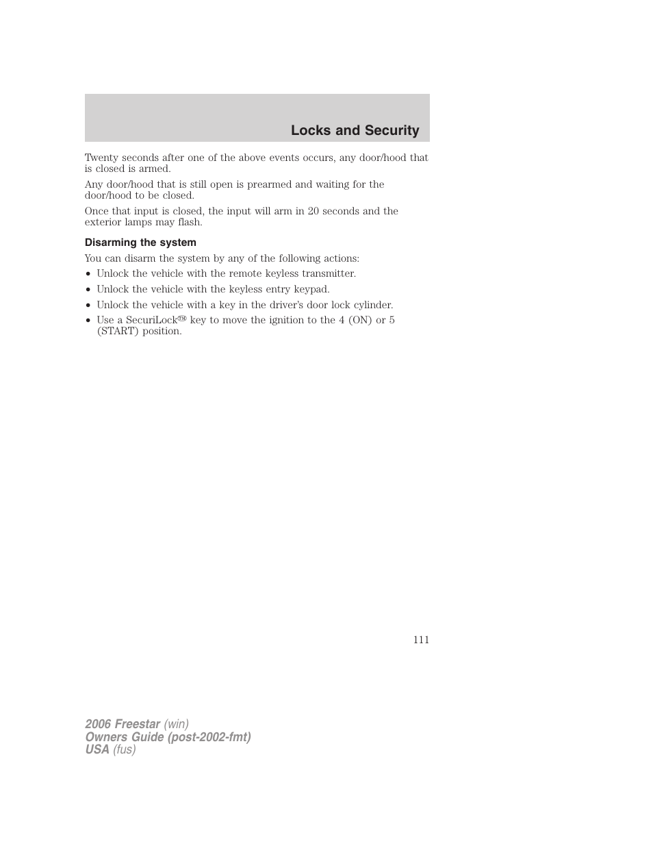 Disarming the system, Locks and security | FORD 2006 Freestar v.2 User Manual | Page 111 / 328