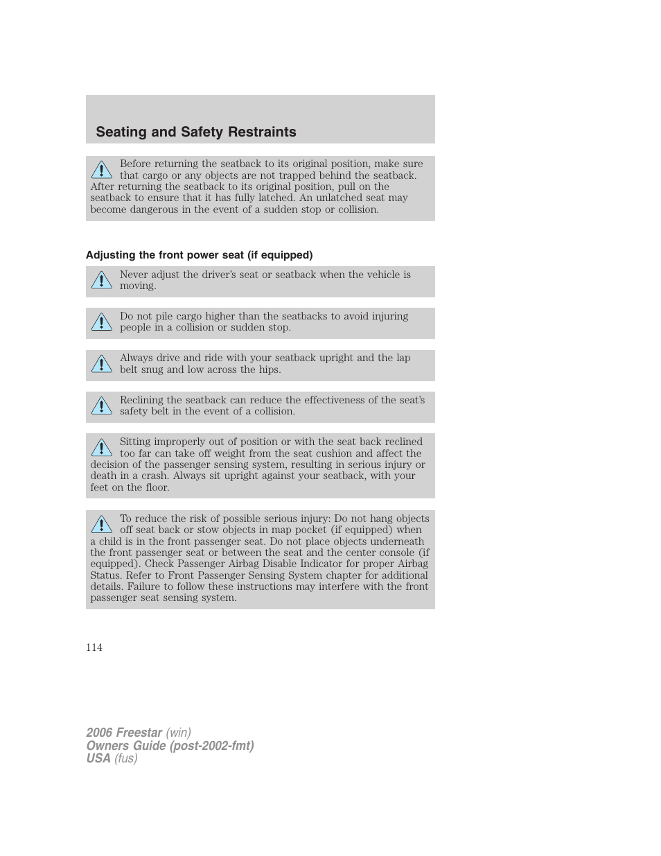 Adjusting the front power seat (if equipped), Seating and safety restraints | FORD 2006 Freestar v.2 User Manual | Page 114 / 328