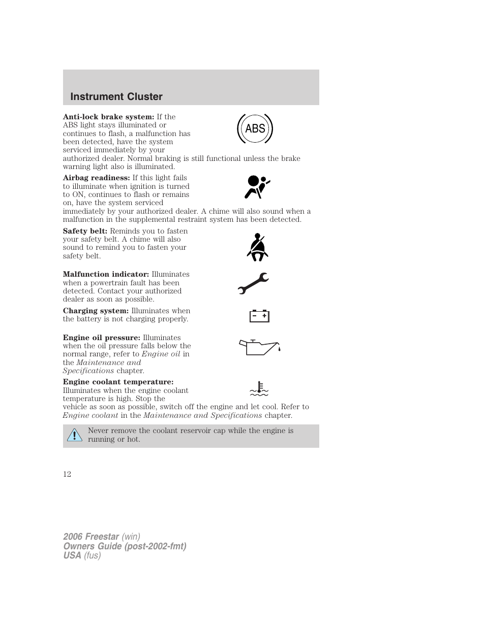 Instrument cluster | FORD 2006 Freestar v.2 User Manual | Page 12 / 328