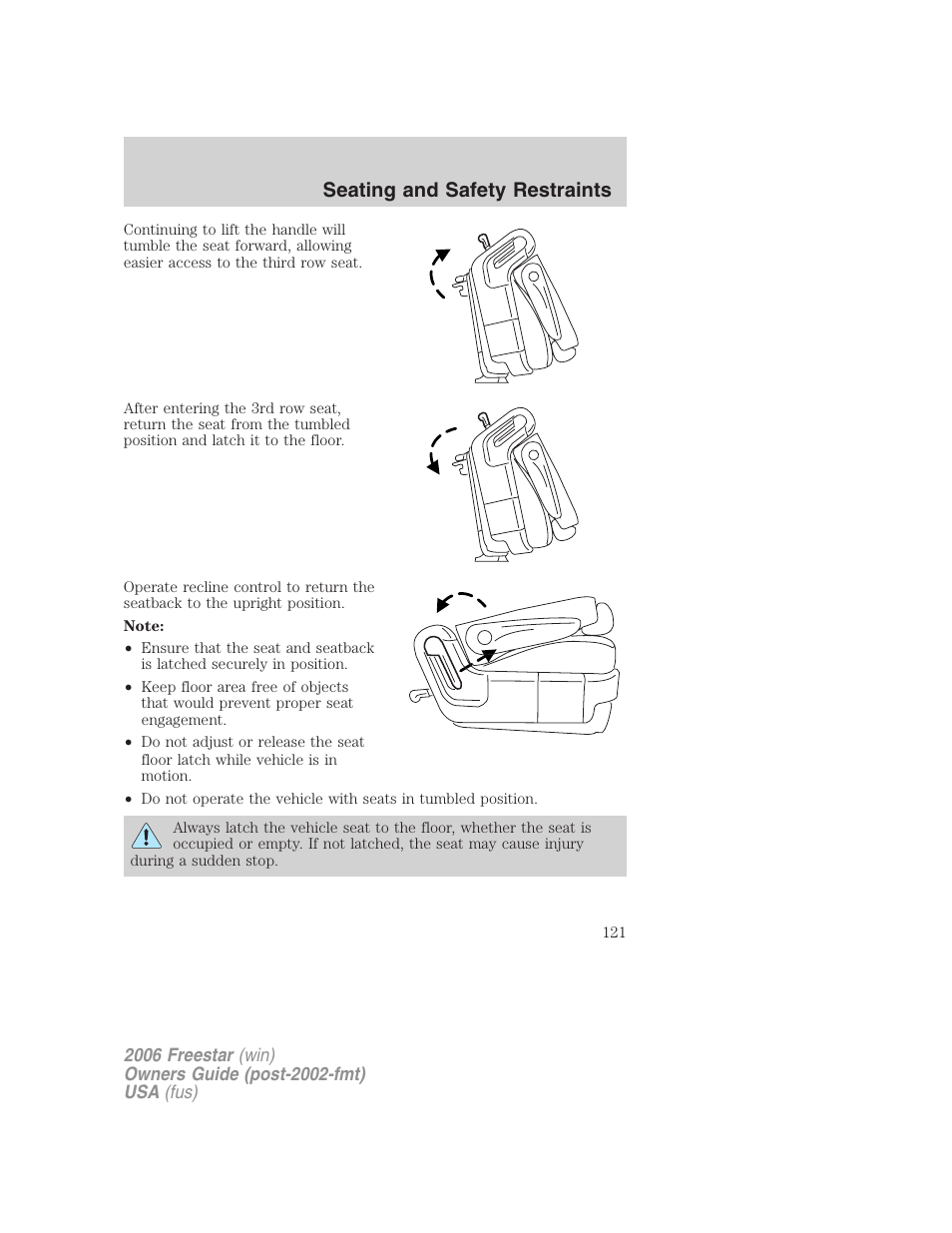 Seating and safety restraints | FORD 2006 Freestar v.2 User Manual | Page 121 / 328