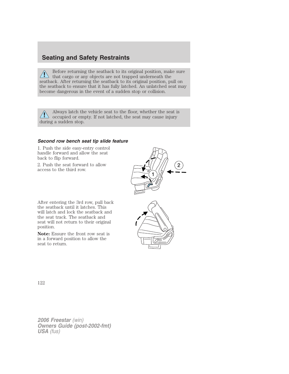 Second row bench seat tip slide feature, Seating and safety restraints | FORD 2006 Freestar v.2 User Manual | Page 122 / 328