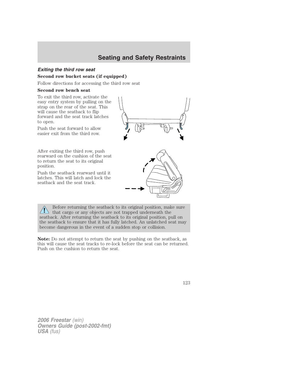 Exiting the third row seat, Seating and safety restraints | FORD 2006 Freestar v.2 User Manual | Page 123 / 328