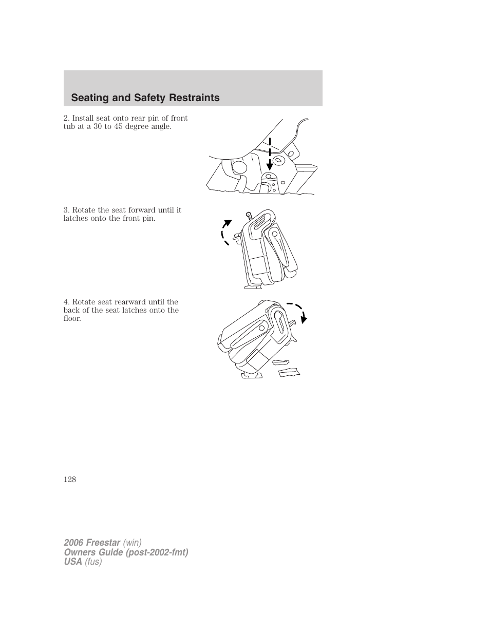 Seating and safety restraints | FORD 2006 Freestar v.2 User Manual | Page 128 / 328