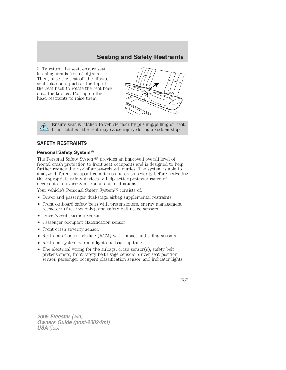 Safety restraints, Personal safety system, Seating and safety restraints | FORD 2006 Freestar v.2 User Manual | Page 137 / 328