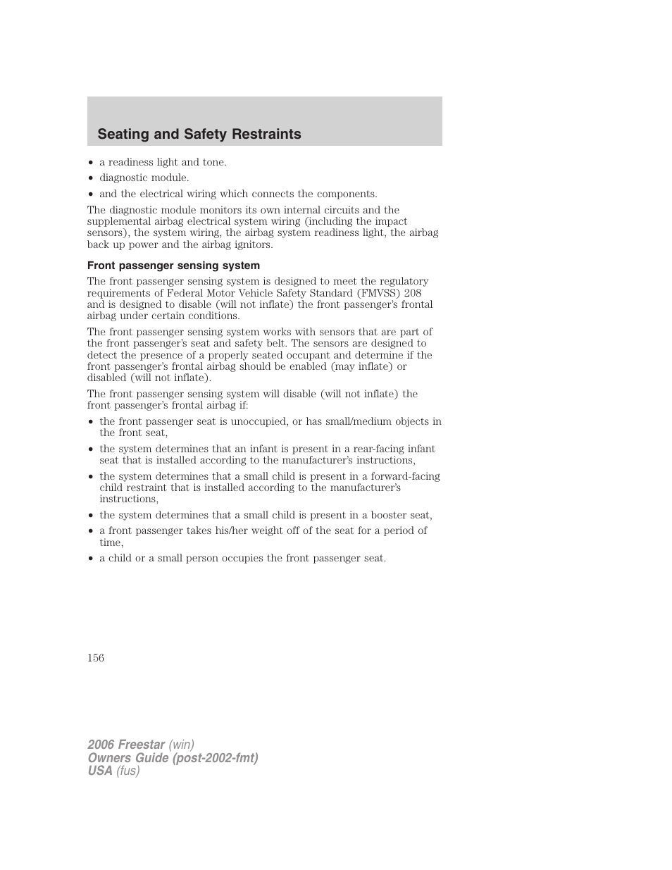 Front passenger sensing system, Seating and safety restraints | FORD 2006 Freestar v.2 User Manual | Page 156 / 328