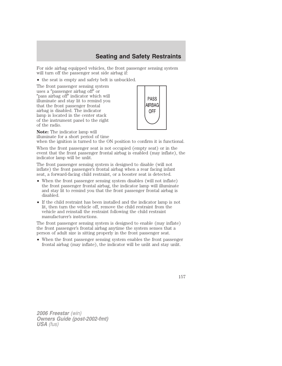 Seating and safety restraints | FORD 2006 Freestar v.2 User Manual | Page 157 / 328