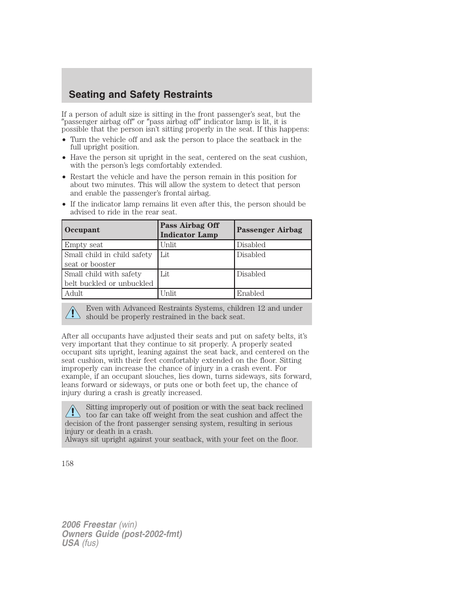 Seating and safety restraints | FORD 2006 Freestar v.2 User Manual | Page 158 / 328