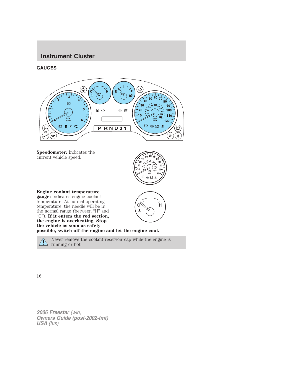 Gauges, Instrument cluster | FORD 2006 Freestar v.2 User Manual | Page 16 / 328