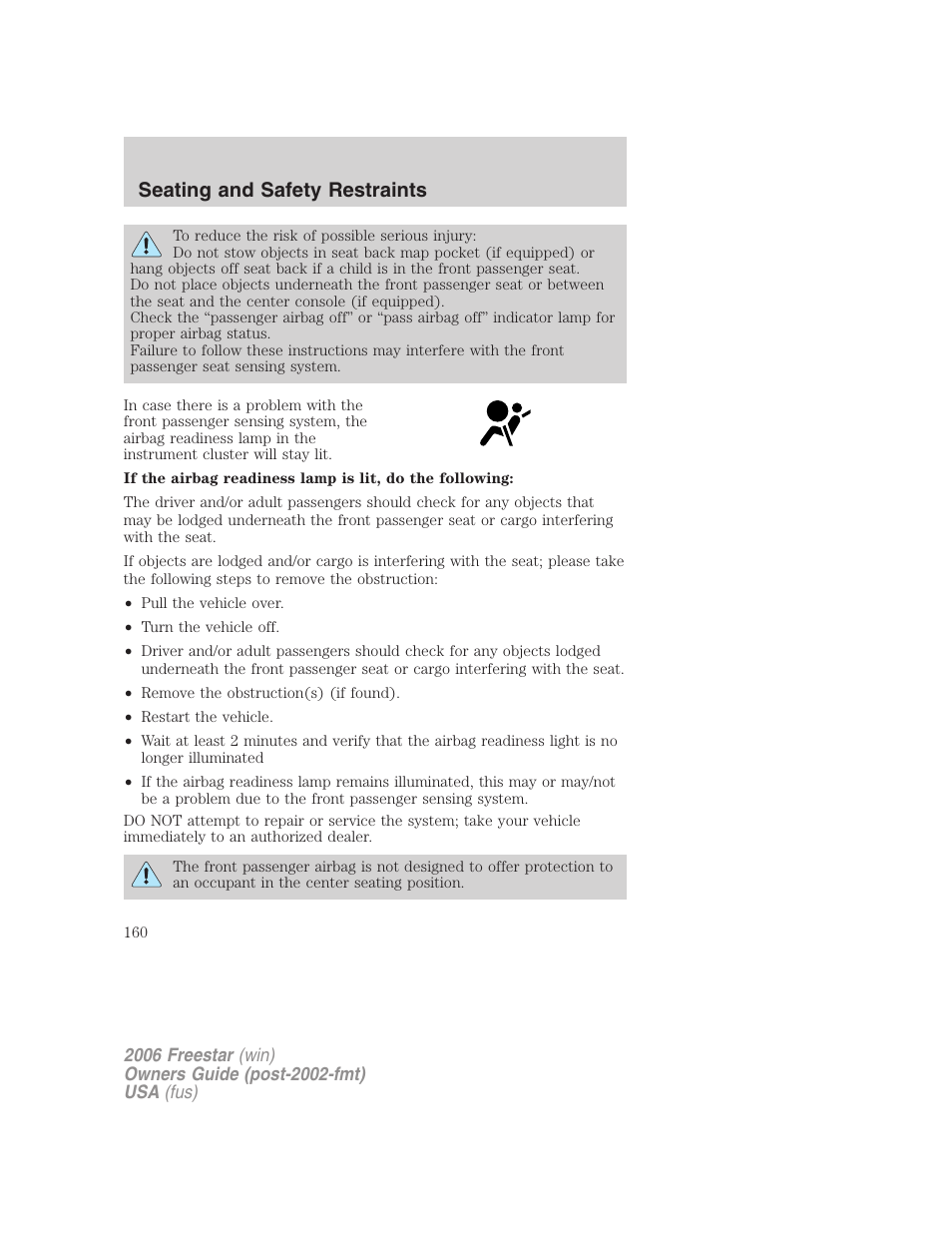 Seating and safety restraints | FORD 2006 Freestar v.2 User Manual | Page 160 / 328