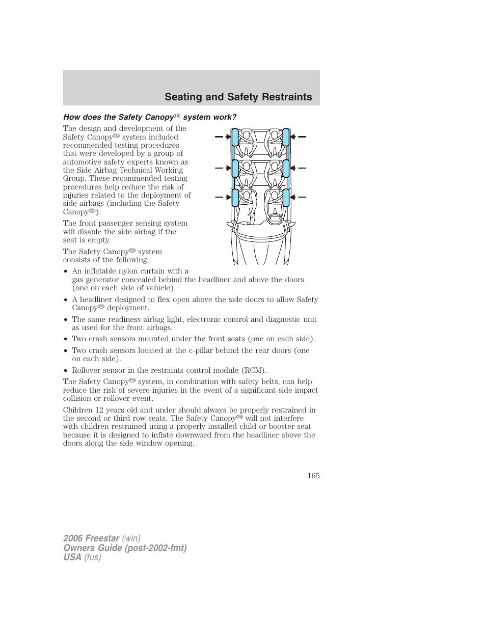 How does the safety canopy system work, Seating and safety restraints | FORD 2006 Freestar v.2 User Manual | Page 165 / 328