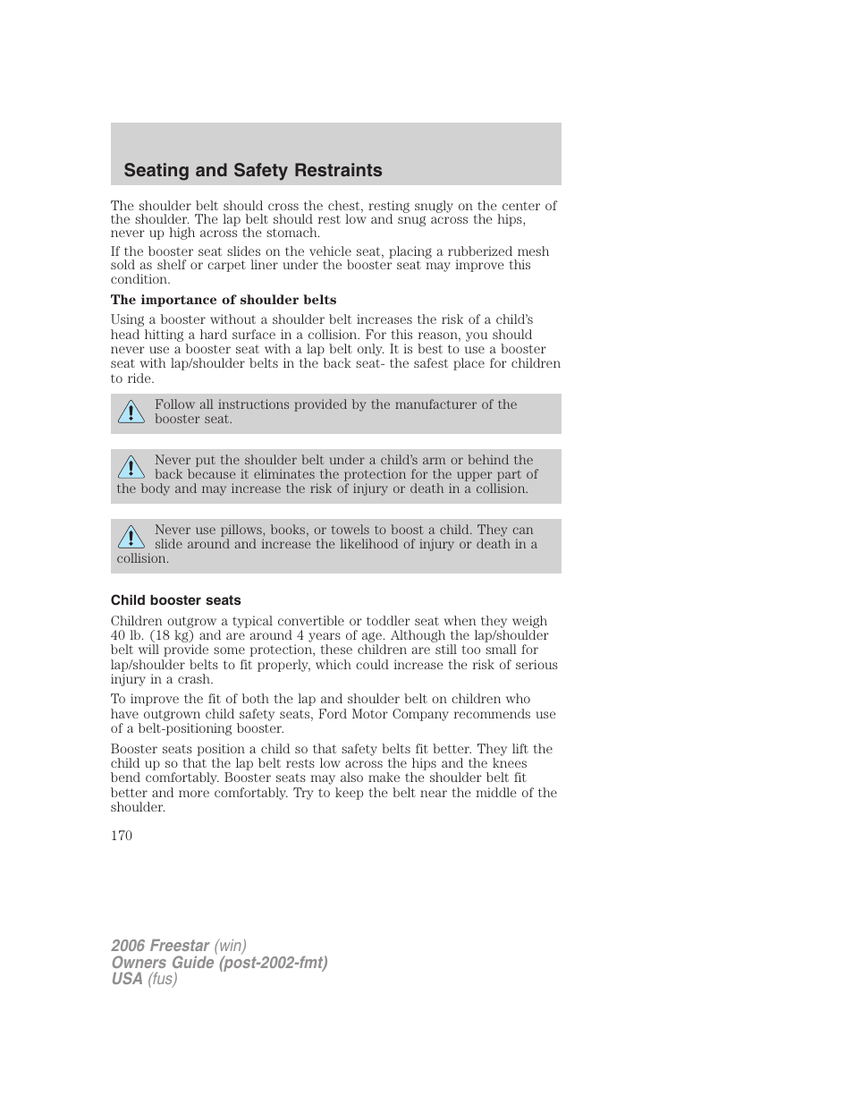 Child booster seats, Seating and safety restraints | FORD 2006 Freestar v.2 User Manual | Page 170 / 328