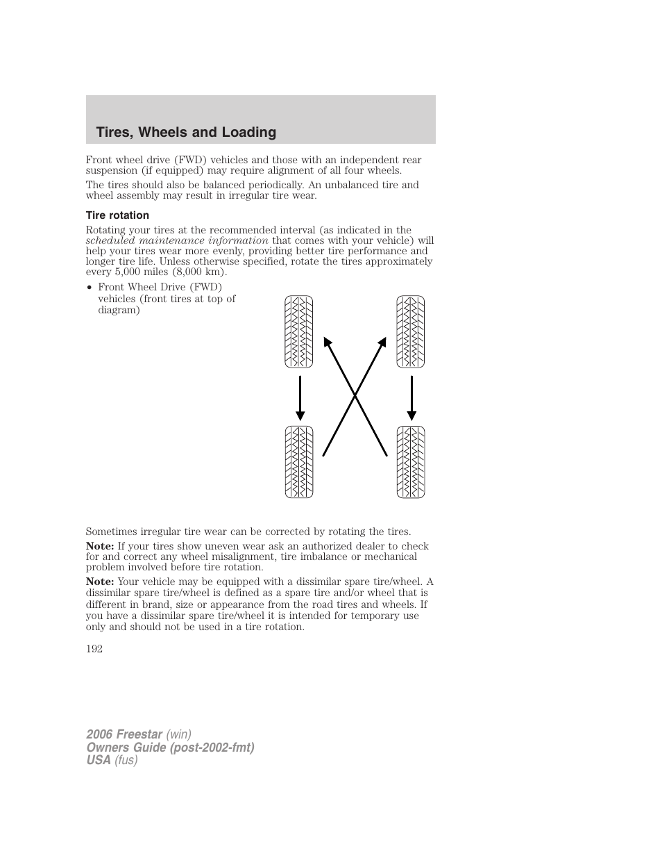 Tire rotation, Tires, wheels and loading | FORD 2006 Freestar v.2 User Manual | Page 192 / 328