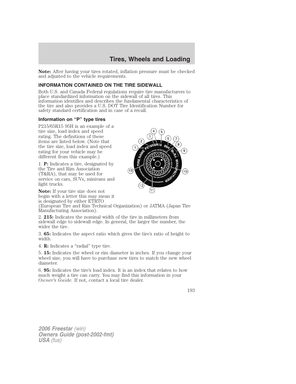 Information contained on the tire sidewall, Information on “p” type tires, Tires, wheels and loading | FORD 2006 Freestar v.2 User Manual | Page 193 / 328